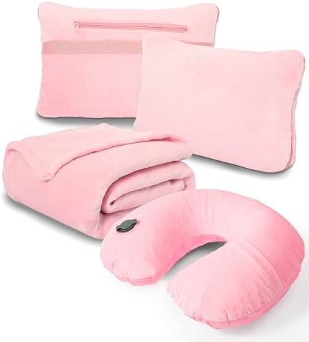Travel Blanket and Pillow Set - Inflatable Travel Neck Pillow with Washable Soft Cover, Premium Soft Airplane Blanket with Built-in Bag, Zippered Pouch, and Hand Luggage Strap, 70" x 40" (Pink)