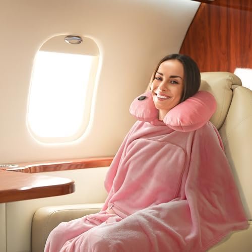 Travel Blanket and Pillow Set - Inflatable Travel Neck Pillow with Washable Soft Cover, Premium Soft Airplane Blanket with Built-in Bag, Zippered Pouch, and Hand Luggage Strap, 70" x 40" (Pink) - Image 5
