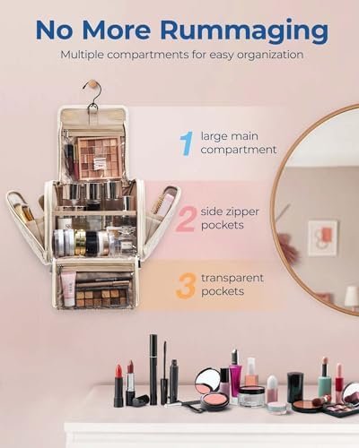 BAGSMART Toiletry Bag Travel Makeup Bag with Hanging Hook, Cosmetic Bag Make Organizer Case, Large Capacity Water-resistant Organizer for Toiletries Accessories Brushes Sponge, Beige - Image 2