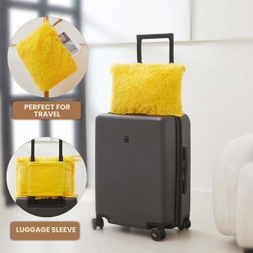 MEGO Faux Fur Travel Blanket for Airplane, Furry Plush Travel Blanket Airplane Compact with Bag, 2 in 1 Travel Pillow Blankets with Luggage Backpack, for Flight Car Camping (50 x 60 Inch, Yellow - Image 2