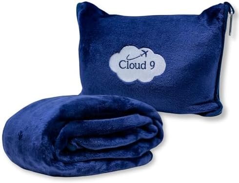 Cloud 9 Airline Travel Blanket Compact with Bag, Airplane Blanket for Long Flight, 3 in 1 Neck Pillow, Lumbar Support, Premium Airplane Accessories, Security Pouch, 300 GSM, Polyester Fleece