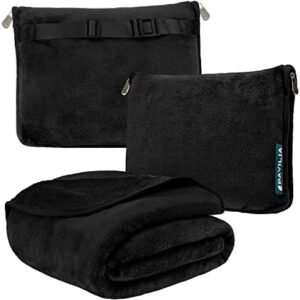 PAVILIA Travel Blanket Pillow, Soft Airplane Blanket 2-in-1 Combo Set, Plane Blanket Compact Packable, Flight Essentials Car Pillow, Travelers Gifts Accessories, Luggage Backpack Strap, 60x43 Black