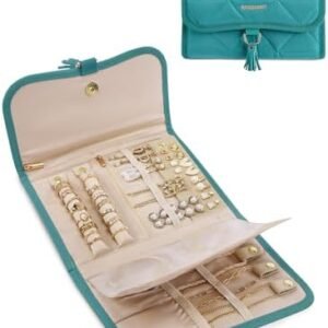 BAGSMART Travel Jewelry Case Organizer, Roll Foldable Jewelry Case for Journey-Rings, Necklaces, Earrings, Bracelets, Brooches, Portable Travel Essentials, Green