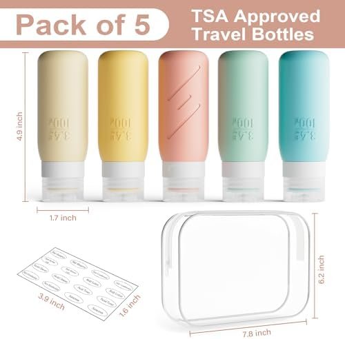 Travel Size Bottles for Toiletries, Pack of 5 Travel Bottles with Squeezable Lid, 3.4 oz TSA Approved Travel Size Containers for Shampoo, Conditioner,Lotion - Image 3