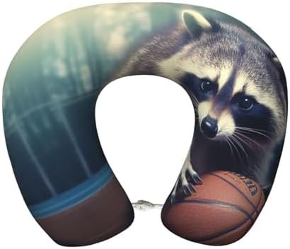 Travel Pillow Funny Raccoon Basketball Neck Rest Soft Comfortable Travel Neck Pillow U-Shaped Memory Foam Sleeping Rest Cushion Travel Accessories for Airplane Car and Office