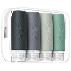 Travel Bottles for Toiletries, Tsa Approved 3oz Portable Travel Bottles, BPA Free Leak Proof Squeezable Silicone Travel Size Containers, Travel Accessories with Clear Toiletry Bag (4 Pack)