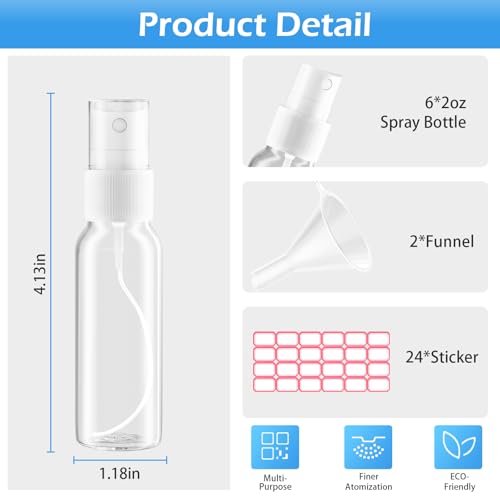 Spray Bottles, 2oz/50ml Clear Empty Fine Mist Plastic Mini Travel Bottle Set, Small Refillable Liquid Containers with 2pcs Funnels and 24pcs Labels (6 Pack) - Image 3