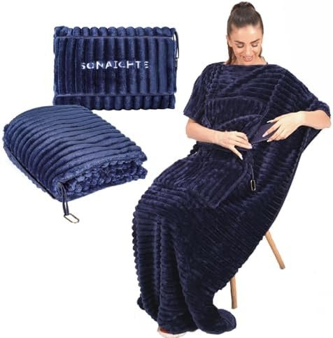 Travel Blanket Airplane Compact with Bag 2 in 1 Travel Blanket and Pillow Set Blanket for Airplane Airplane Travel Essentials Car Blankets for Adults ((Navy Blue)