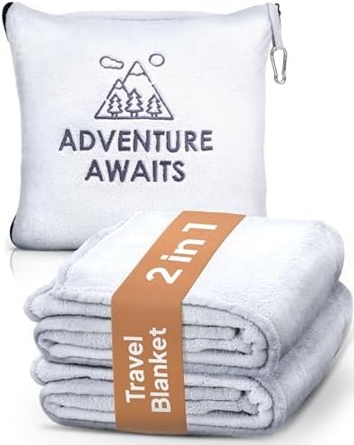 Travel Blanket & Pillow Set - Ultra Soft 2 in 1 Blanket with Cozy Hand & Feet Pouches Zip into Plush Pillows - Large Size Wraps You in Warmth on Airplanes - Luggage Sleeve & Backpack Clip (Gray)