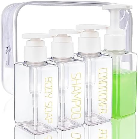 Travel Bottles Travel Accessories Toiletries 4 Pack 3.7oz/110ml Travel Shampoo And Conditioner Bottles Empty Plastic Pump Bottle Dispenser Travel Size containers travel essentials
