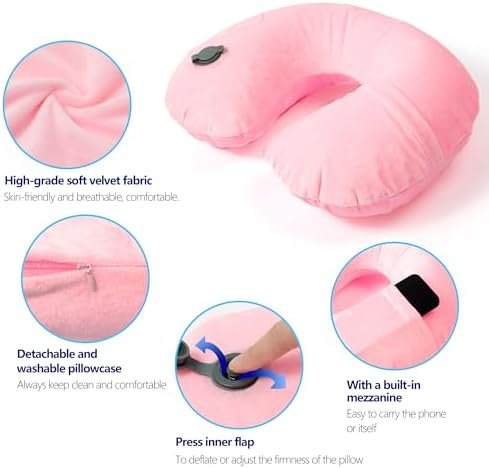 Travel Blanket and Pillow Set - Inflatable Travel Neck Pillow with Washable Soft Cover, Premium Soft Airplane Blanket with Built-in Bag, Zippered Pouch, and Hand Luggage Strap, 70" x 40" (Pink) - Image 4