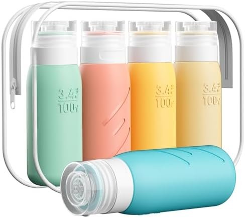 Travel Size Bottles for Toiletries, Pack of 5 Travel Bottles with Squeezable Lid, 3.4 oz TSA Approved Travel Size Containers for Shampoo, Conditioner,Lotion