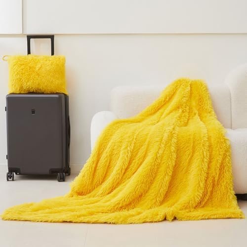 MEGO Faux Fur Travel Blanket for Airplane, Furry Plush Travel Blanket Airplane Compact with Bag, 2 in 1 Travel Pillow Blankets with Luggage Backpack, for Flight Car Camping (50 x 60 Inch, Yellow