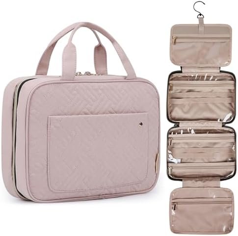 BAGSMART Toiletry Bag Travel Bag with Hanging Hook, Water-resistant Makeup Cosmetic Bag Travel Organizer for Accessories, Shampoo, Full-size Container, Toiletries (Baby Pink, Medium)