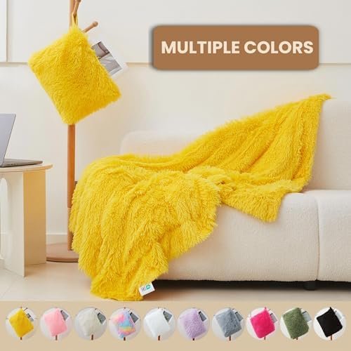 MEGO Faux Fur Travel Blanket for Airplane, Furry Plush Travel Blanket Airplane Compact with Bag, 2 in 1 Travel Pillow Blankets with Luggage Backpack, for Flight Car Camping (50 x 60 Inch, Yellow - Image 6