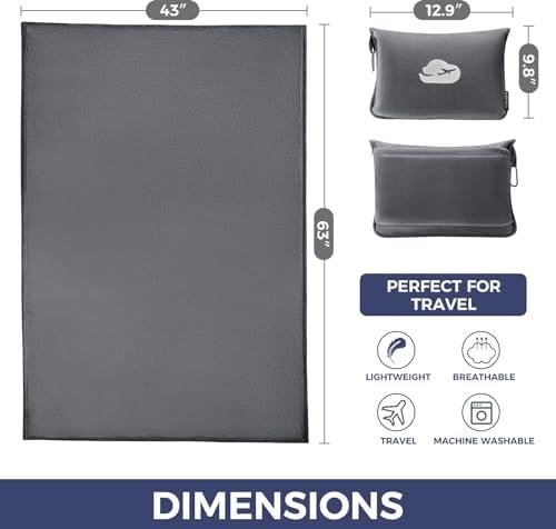 Travel Blanket Pillow with Pockets, Airplane Blanket Set, Plane Blanket Compact Packable, Flight Essentials Car Pillow - Travel Essentials Gift for Women and Men on Airplanes - Gray - Image 2