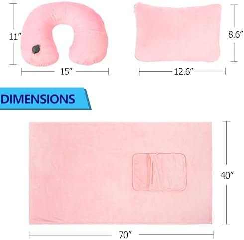 Travel Blanket and Pillow Set - Inflatable Travel Neck Pillow with Washable Soft Cover, Premium Soft Airplane Blanket with Built-in Bag, Zippered Pouch, and Hand Luggage Strap, 70" x 40" (Pink) - Image 2