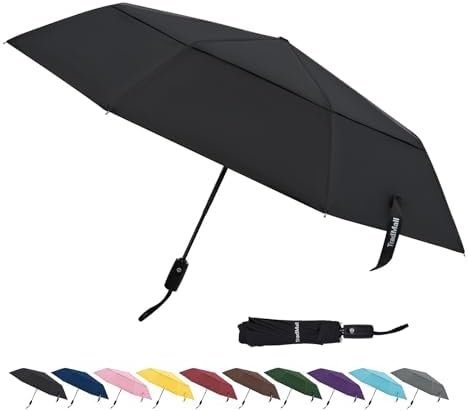 TradMall Travel Umbrella, 42/45 Inches Double Vented Canopy Windproof Automatic Strong Compact Folding Umbrellas for Rain Women and Men