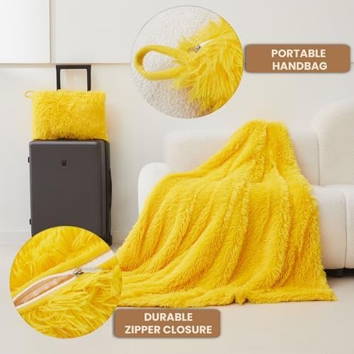 MEGO Faux Fur Travel Blanket for Airplane, Furry Plush Travel Blanket Airplane Compact with Bag, 2 in 1 Travel Pillow Blankets with Luggage Backpack, for Flight Car Camping (50 x 60 Inch, Yellow - Image 4