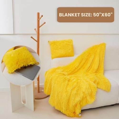 MEGO Faux Fur Travel Blanket for Airplane, Furry Plush Travel Blanket Airplane Compact with Bag, 2 in 1 Travel Pillow Blankets with Luggage Backpack, for Flight Car Camping (50 x 60 Inch, Yellow - Image 3