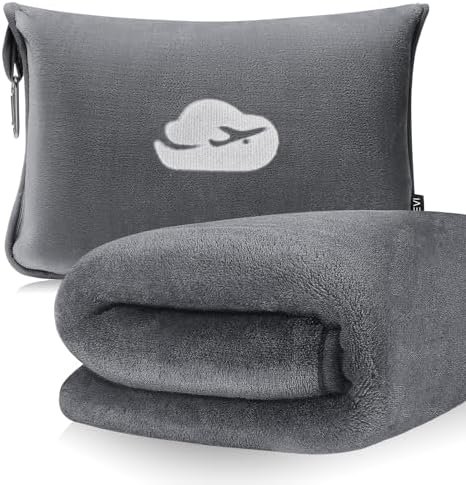 Travel Blanket Pillow with Pockets, Airplane Blanket Set, Plane Blanket Compact Packable, Flight Essentials Car Pillow - Travel Essentials Gift for Women and Men on Airplanes - Gray