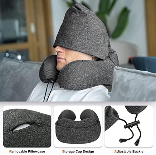 Neck Pillow for Travel, Memory Foam Travel Pillow with Hood, Adult Airplane Pillow for Head Rest Neck Support, Portable Pillow for Office Cars Trains Long Flights Sleeping (Deep Grey) - Image 7