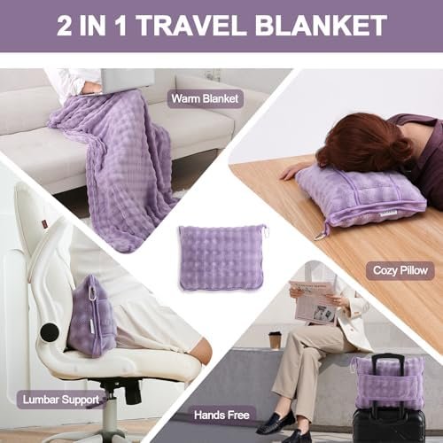 SOCHOW Travel Blanket for Airplane Train and Car, Soft Travel Blanket or Pillow 2 in 1 Compact with Portable Bag Pillowcase, Flight Blanket with Luggage Sleeve and Backpack Clip, Dusty Purple - Image 2