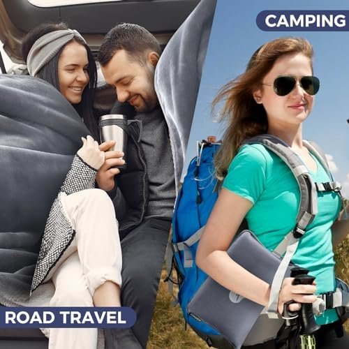 Travel Blanket Pillow with Pockets, Airplane Blanket Set, Plane Blanket Compact Packable, Flight Essentials Car Pillow - Travel Essentials Gift for Women and Men on Airplanes - Gray - Image 7