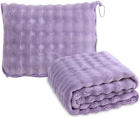 SOCHOW Travel Blanket for Airplane Train and Car, Soft Travel Blanket or Pillow 2 in 1 Compact with Portable Bag Pillowcase, Flight Blanket with Luggage Sleeve and Backpack Clip, Dusty Purple