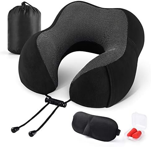 Travel Pillow 100% Memory Foam Pillow, Neck Pillow for Airplane, Neck & Head Support Pillow for Sleeping Rest & Car, Travel Pillows Kit with Storage Bag, Sleep Mask and Earplugs Black