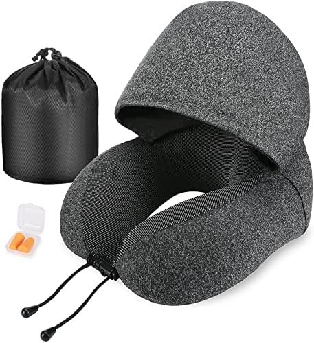 Neck Pillow for Travel, Memory Foam Travel Pillow with Hood, Adult Airplane Pillow for Head Rest Neck Support, Portable Pillow for Office Cars Trains Long Flights Sleeping (Deep Grey)