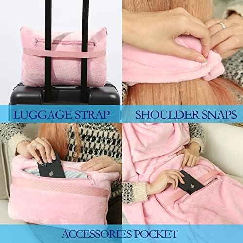Travel Blanket and Pillow Set - Inflatable Travel Neck Pillow with Washable Soft Cover, Premium Soft Airplane Blanket with Built-in Bag, Zippered Pouch, and Hand Luggage Strap, 70" x 40" (Pink) - Image 3