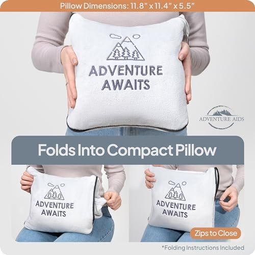 Travel Blanket & Pillow Set - Ultra Soft 2 in 1 Blanket with Cozy Hand & Feet Pouches Zip into Plush Pillows - Large Size Wraps You in Warmth on Airplanes - Luggage Sleeve & Backpack Clip (Gray) - Image 7