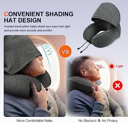 Neck Pillow for Travel, Memory Foam Travel Pillow with Hood, Adult Airplane Pillow for Head Rest Neck Support, Portable Pillow for Office Cars Trains Long Flights Sleeping (Deep Grey) - Image 2