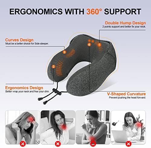 Neck Pillow for Travel, Memory Foam Travel Pillow with Hood, Adult Airplane Pillow for Head Rest Neck Support, Portable Pillow for Office Cars Trains Long Flights Sleeping (Deep Grey) - Image 3