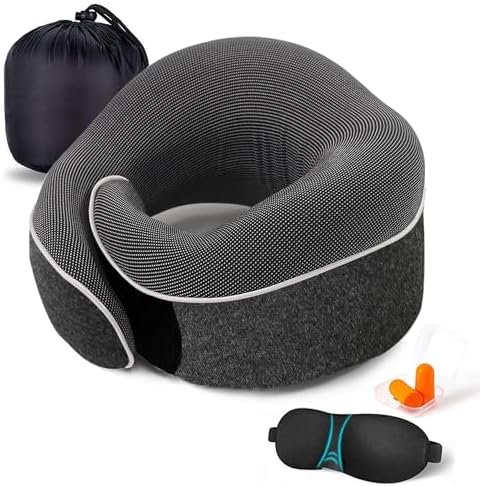 Travel Neck Pillow Chin Support Pillow Adjustable 100% Pure Memory Foam , New Ergonomic Design Soft Best Full Neck Surround Pillow Sleep for Home, Airplanes & Car (Black)