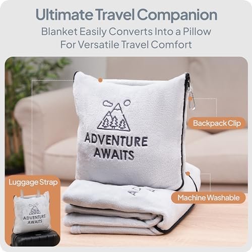 Travel Blanket & Pillow Set - Ultra Soft 2 in 1 Blanket with Cozy Hand & Feet Pouches Zip into Plush Pillows - Large Size Wraps You in Warmth on Airplanes - Luggage Sleeve & Backpack Clip (Gray) - Image 2