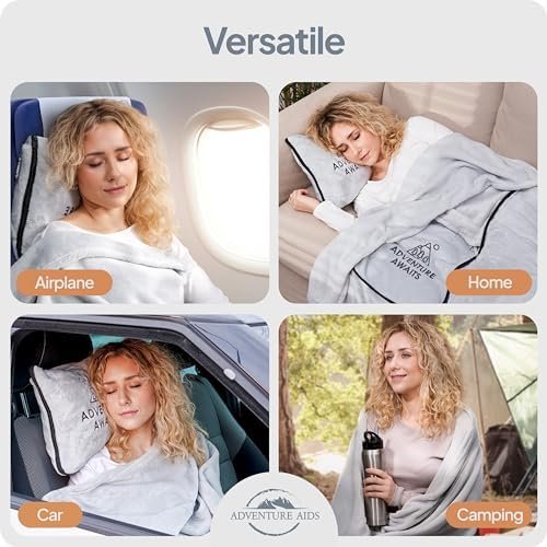 Travel Blanket & Pillow Set - Ultra Soft 2 in 1 Blanket with Cozy Hand & Feet Pouches Zip into Plush Pillows - Large Size Wraps You in Warmth on Airplanes - Luggage Sleeve & Backpack Clip (Gray) - Image 4