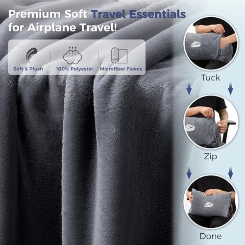 Travel Blanket Pillow with Pockets, Airplane Blanket Set, Plane Blanket Compact Packable, Flight Essentials Car Pillow - Travel Essentials Gift for Women and Men on Airplanes - Gray - Image 6