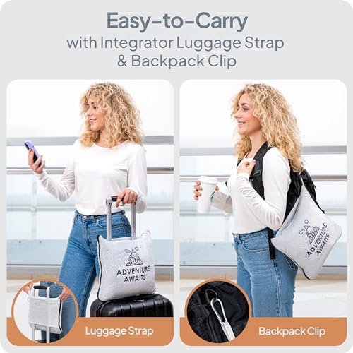 Travel Blanket & Pillow Set - Ultra Soft 2 in 1 Blanket with Cozy Hand & Feet Pouches Zip into Plush Pillows - Large Size Wraps You in Warmth on Airplanes - Luggage Sleeve & Backpack Clip (Gray) - Image 6