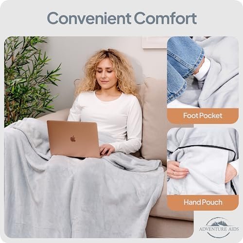 Travel Blanket & Pillow Set - Ultra Soft 2 in 1 Blanket with Cozy Hand & Feet Pouches Zip into Plush Pillows - Large Size Wraps You in Warmth on Airplanes - Luggage Sleeve & Backpack Clip (Gray) - Image 5