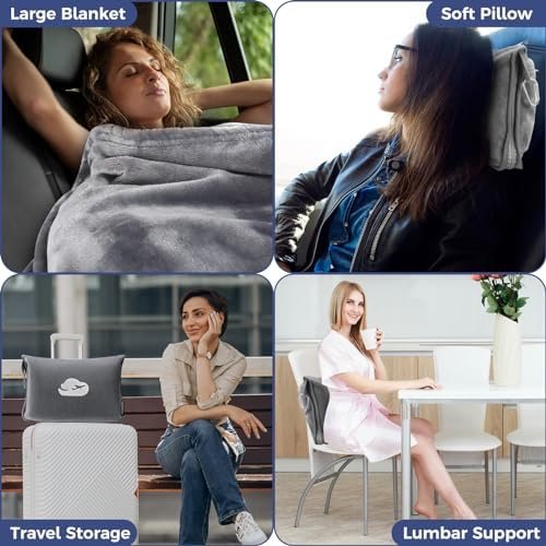 Travel Blanket Pillow with Pockets, Airplane Blanket Set, Plane Blanket Compact Packable, Flight Essentials Car Pillow - Travel Essentials Gift for Women and Men on Airplanes - Gray - Image 4